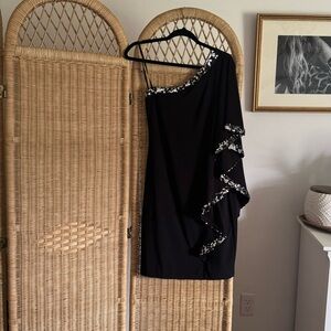 Betsy & Adam Black One-Shoulder Dress with Sequin Trim and Ruffle Sleeve